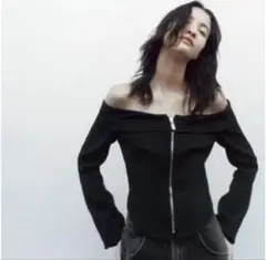 ZARA オフショルダー　トップス　ジャケット　メタルジッパー　ブラック　L