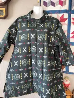 木綿絣着物リメイク　スタンドカラーチュニックワンピース