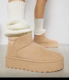 キャメル色 スエード ムートンブーツ 厚底