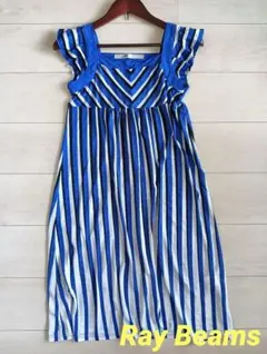 Ray BEAMS 袖フリルワンピース　F ロイヤルブルー ストライプ
