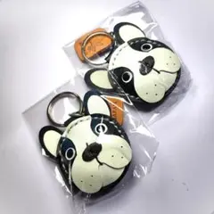 フレンチブルドッグ　本革　キーホルダー　白黒　2個セット
