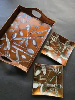 アンティーク調 イタリアセレクトショップカトラリー柄トレーとプレートセット皿