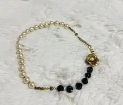 2Ways コットンパールと黒ビーズのフラワーネックレス&ブレスレット