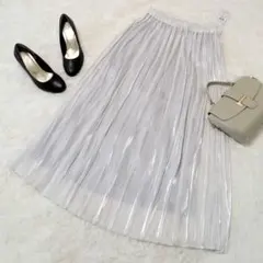 新品 ハッシュアッシュ サテンプリーツ ロングスカート ホワイトグレー L 春