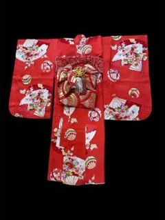 七五三 子ども着物 女の子 7歳 白地 紅葉 扇面 アンティーク 正絹