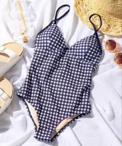 新品　チェック柄 ワンピース水着 ギンガムチェック ブラック フリーサイズ