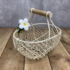 E-壁 ワイヤーバスケット 楕円形 プルメリア付き 小物入れ ナチュラル カフ