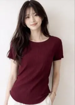 ナノユニバース 美品 リブカットソー ボルドー F 背中あき 伸縮性◎柔らか素材