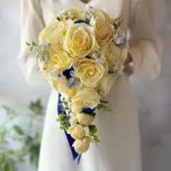 黄色×ブルーキャスケードブーケ☆ブートニア