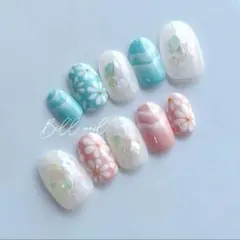 夏ネイルチップ 波 海 お花 シェル ガーリーネイル ピンク 青 【014】