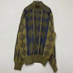 GrassMen’s レトロ総柄 ハイネックセーター ウール100%  M 古着