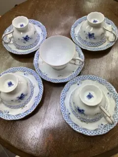 ティーカップセット 青白花柄 5点HOYA コーヒー碗