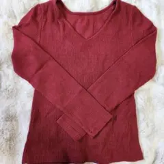 Vネック バーガンディー リブ編み 長袖トップス