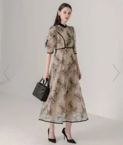 LEJA-配色パイピング花柄ラメレースワンピースドレス 結婚式 レディース