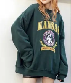 【WEGO】刺繍プリント オーバーサイズ トレーナー スウェット グリーン M