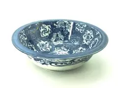 【 古伊万里 広口深鉢 】　唐草七宝吉祥文尽し・影蝶染付　金継景色