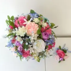 ウェディングブーケ　造花　ピンク　ブルー　ラウンド クラッチ