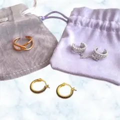 【アクセサリー 3種類】ゴールド ピアス/ ピンクゴールド リング /イヤーカフ