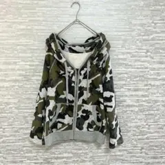 ポエタ✨カモフラ柄ジップパーカー M 袖ロールアップ　迷彩　フード　グレー