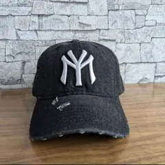 ビンテージ　デニム　刺繍　ロゴ　ベースボール　キャップ　ストリート　ブラック