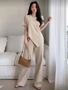 ベージュ アシンメトリー セットアップ