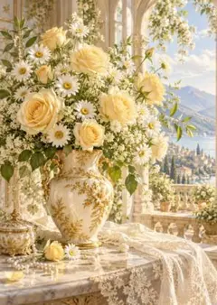 アートポスター 薔薇 花瓶 湖畔 風景画 インテリア