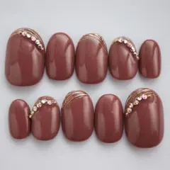 サイズオーダー可 ベリーショートオーバル ネイルチップ レッドブラウン斜めフレ