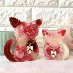 癒しの猫オルゴナイト｜大・小2匹セット｜インテリア・ピンク・ねこ
