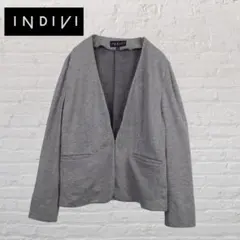 INDIVI 日本製 ノーカラージャケット グレー 38 ストレッチ 通勤