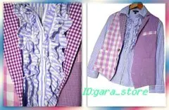 個性的！センターフリル ストライプブラウス 青系シャツ