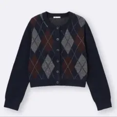 GUパフニットアーガイルクルーネックカーディガン　M