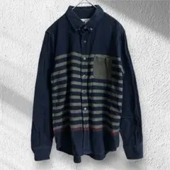 グローバルワーク　ネルシャツ　長袖　ボーダー　カジュアル　ネイビー　M