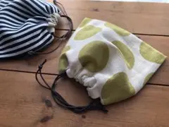 208.リネン巾着袋のセット　ボーダー　みずたま