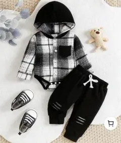 フード付きチェック柄ロンパース パンツ 2点セット 9-12ヶ月 SHEIN