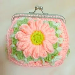 手編みがま口　お花　ピンク　ポーチ