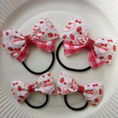 【108】いちごプリントのリボンヘアゴム4個セット