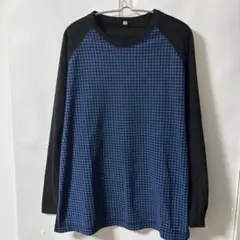 「即日発送」XL UNIQLO青と黒のハウンドトゥース柄長袖ニットカットソー