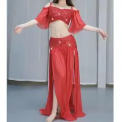 【新品】ベリーダンス衣装E レッスン着 赤 キラキラ オリエンタル M