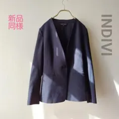 新品同様 INDIVI インディヴィ 春夏裏無しノーカラージャケット ネイビーのサムネイル