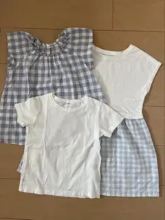 無印良品　Tシャツ　ワンピース　チュニック　白　水色　ブルー　100 チェック