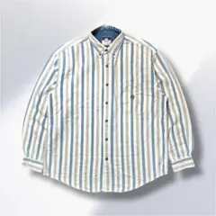 90'sB.DストライプシャツXL好配色ブルー×グレー刺繍ロゴビッグシルエット