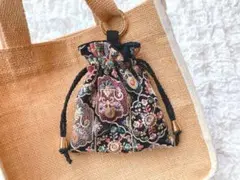インド刺繍生地 の キーリング付き 巾着ミニポーチ