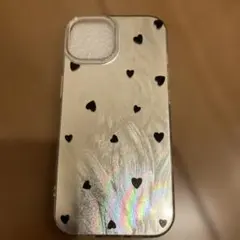 iPhone15ケース　ハート柄　ブラック　シルバーキラキラグレー　ソフトケース