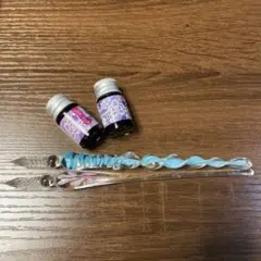 ガラスペン インクセット 水色とピンクとペン置き 紙さえあれば直ぐたのしめます。