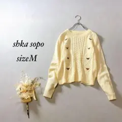 shka sopo ケーブル編みニット 長袖 クルーネック 花柄刺繍【M】613