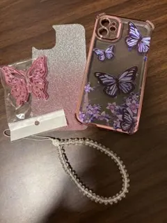 iPhone11ケース 蝶々柄 ストラップ付き ピンク