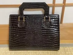 クロコダイル型押しハンドバッグ エナメルブラウン 未使用品