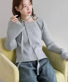 Kastane ボウタイ配色リブニット グレー