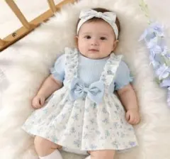 夏用 新生児 女の子 ブルー バブル 半袖 パッチワーク フローラル ドレス と