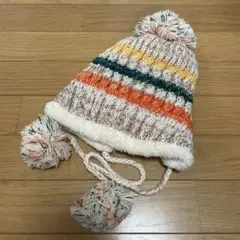 ニット帽子 ポンポン付き ビーニー　ストライプ柄　ヴィンテージ　古着